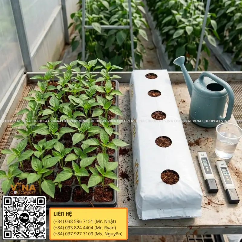 Chuẩn bị cây giống, grow bag xơ dừa và thiết bị đo EC pH trước khi trồng ớt chuông