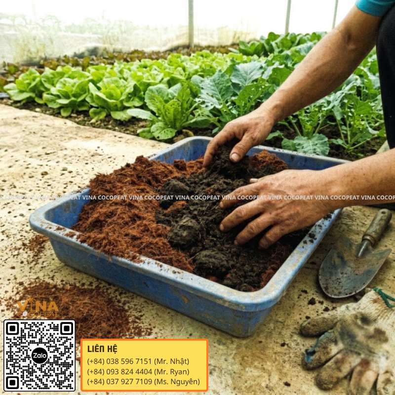 Phối trộn mụn dừa với phân hữu cơ làm giá thể trồng rau sạch