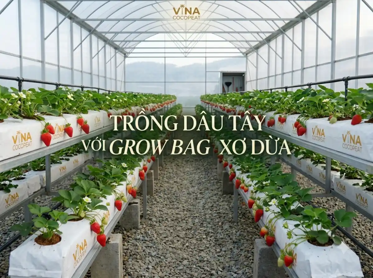 Trồng dâu tây bằng Grow Bag xơ dừa trong nhà kính