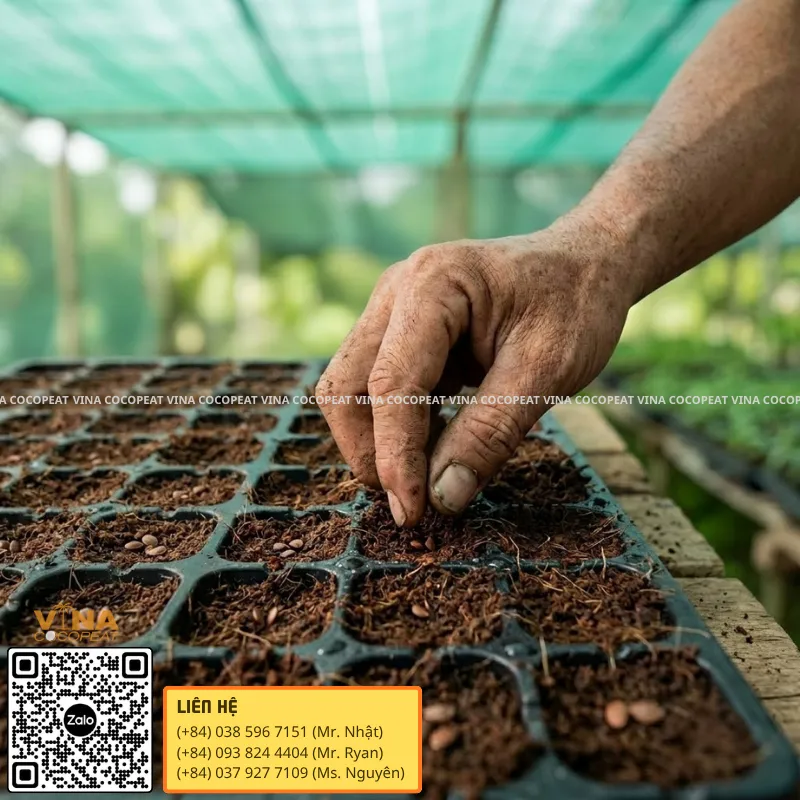 Gieo hạt vào giá thể mụn dừa giữ ẩm trong khay ươm cây giống