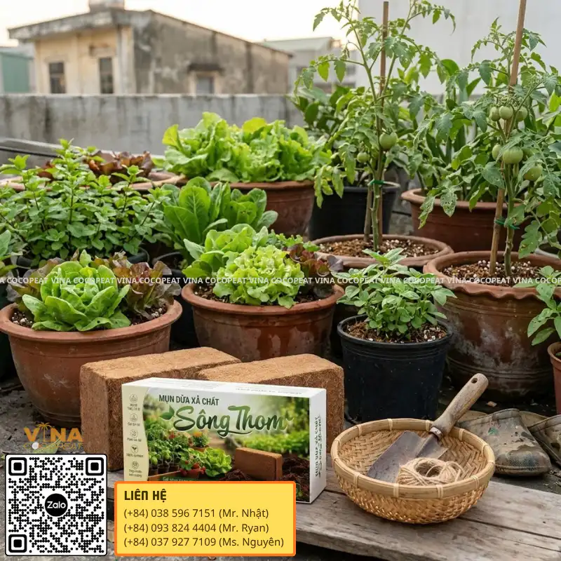 Giá thể hữu cơ mụn dừa Sông Thom cho vườn rau sân thượng tại nhà