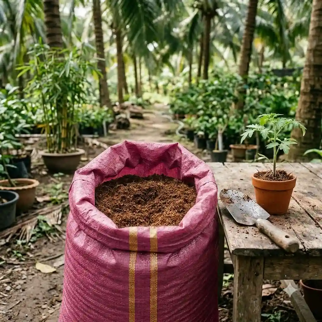 Giá thể mụn dừa đóng bao dùng để trồng cây tại nhà vườn Bến Tre