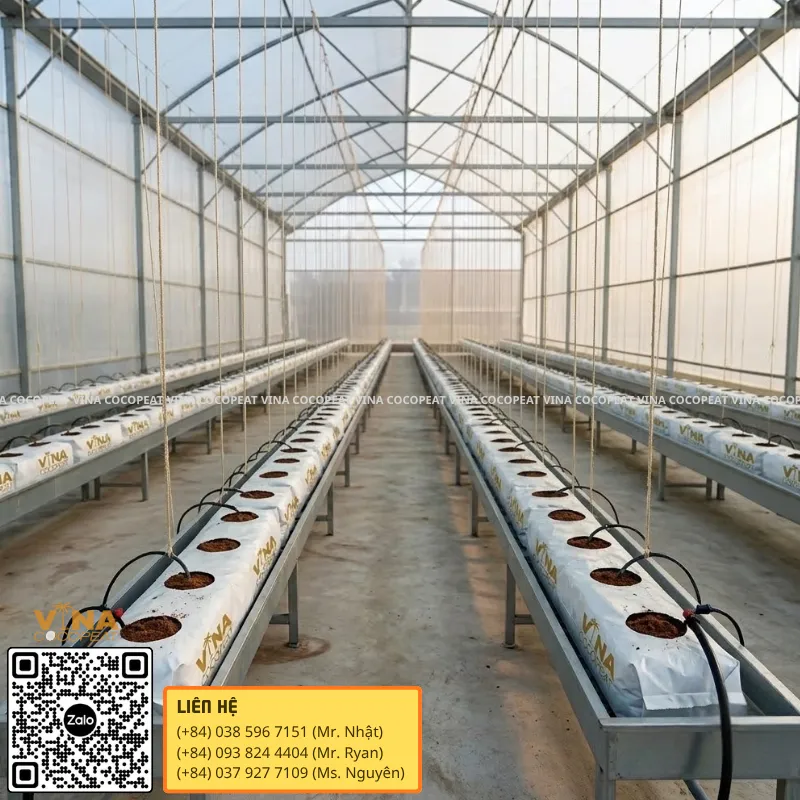 Grow Bag xơ dừa được bố trí theo hàng trước khi trồng dưa lưới trong nhà màng