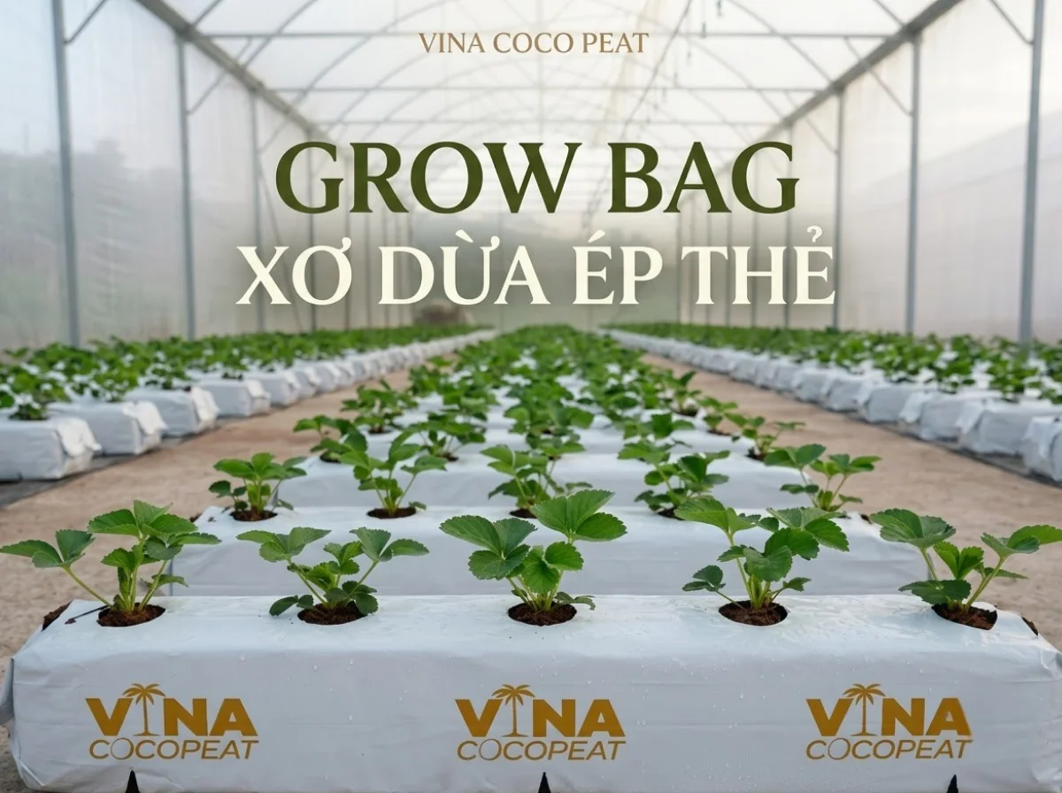 Giá thể xơ dừa ép thẻ grow bag trồng dâu tây trong nhà kính