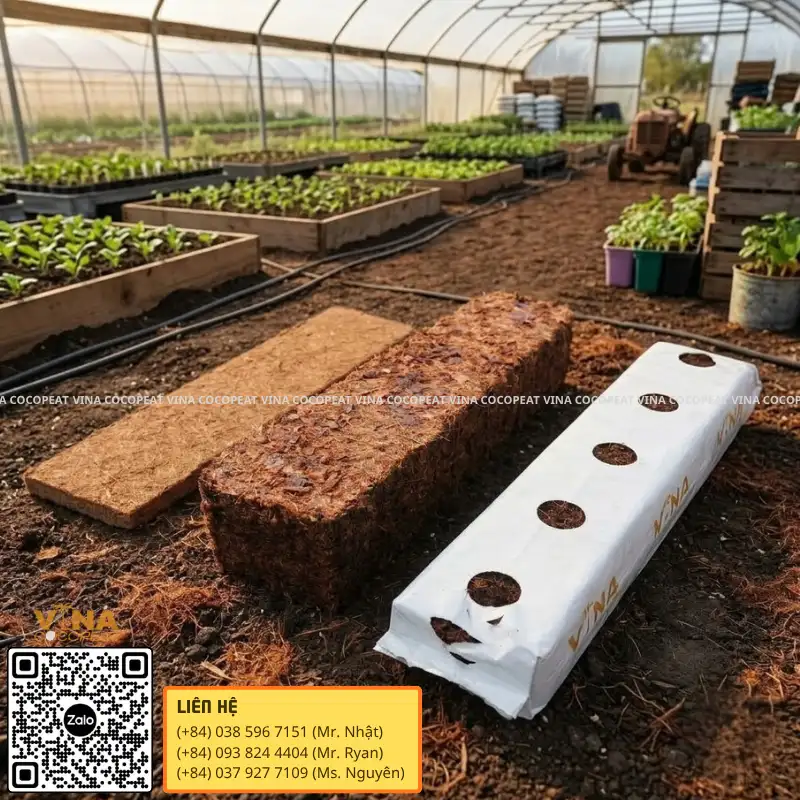 Tấm xơ dừa ép và túi Grow Bag dùng làm giá thể trồng cây trong nhà màng