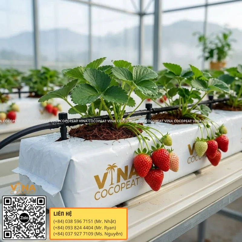 Cây dâu tây phát triển trên giá thể xơ dừa trong Grow Bag