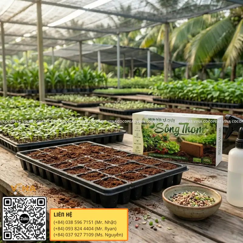 Gieo hạt rau mầm bằng mụn dừa xả chát Sông Thom trong khay ươm