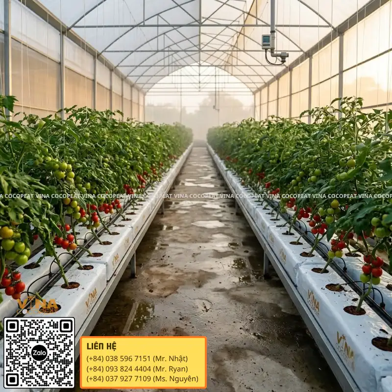 Grow Bag trồng cà chua trong nhà kính với hệ thống tưới nhỏ giọt