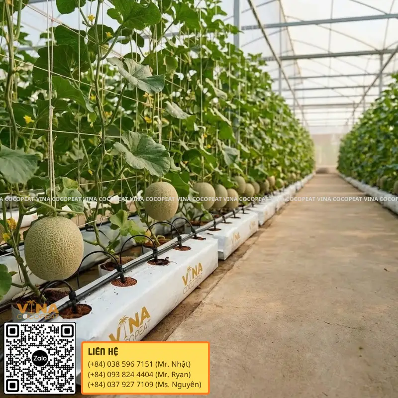 Grow Bag xơ dừa trồng dưa lưới bằng hệ thống tưới nhỏ giọt trong nhà màng