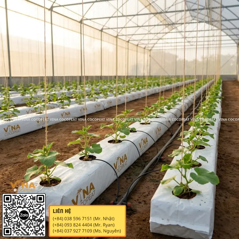 Hệ thống Grow Bag xơ dừa trồng cây non trong nhà màng nông nghiệp hiện đại