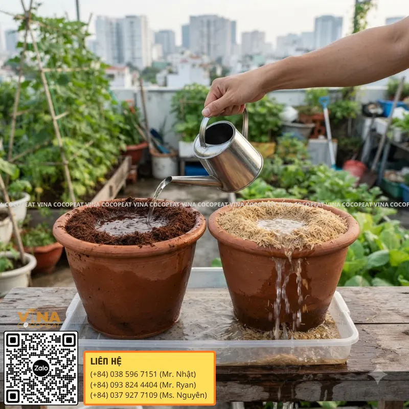 Thử nghiệm khả năng giữ nước của mụn dừa và thoát nước của vỏ trấu