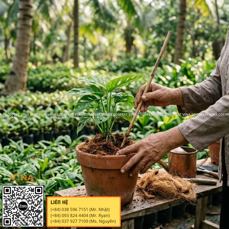 Xới nhẹ giá thể mụn dừa giúp tăng độ thoáng khí và oxy quanh rễ cây