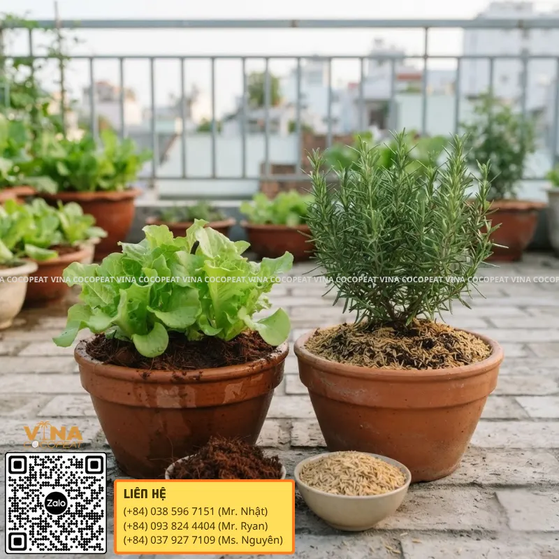 Rau xà lách trồng bằng mụn dừa và cây hương thảo phối vỏ trấu