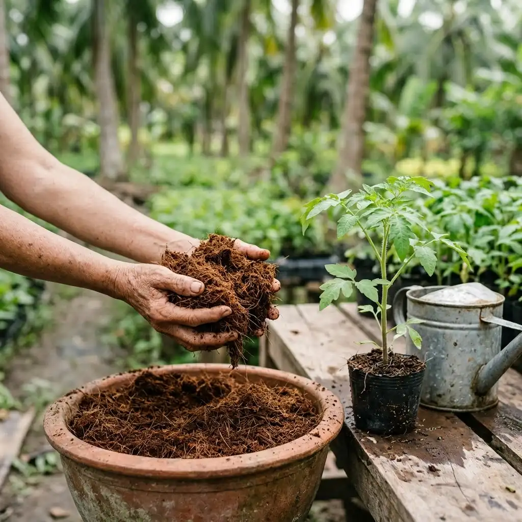Mụn dừa trồng cây giúp giữ ẩm và tạo độ tơi xốp cho giá thể