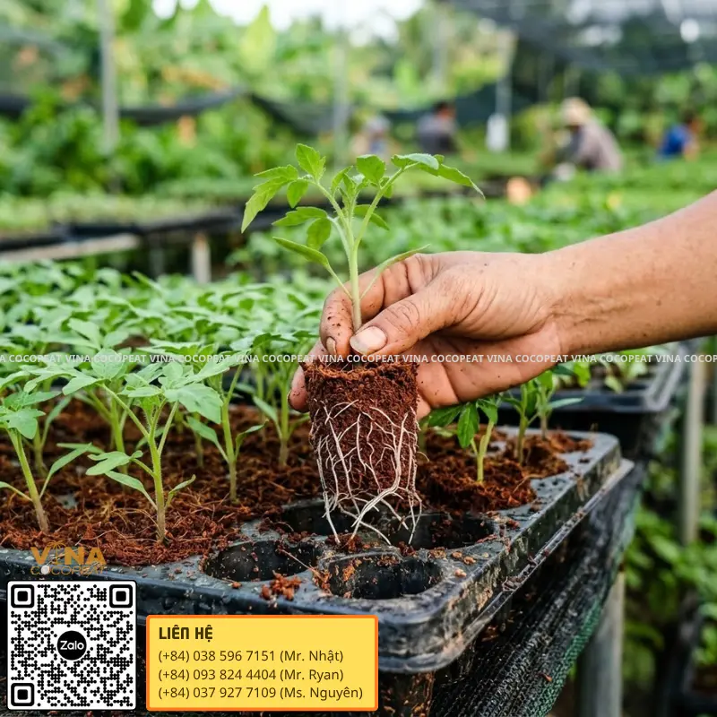 Mụn dừa trồng cây giúp cây giống phát triển bộ rễ khỏe trong khu ươm