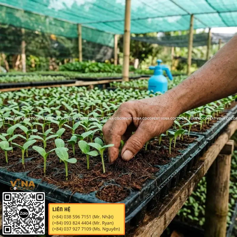 Chăm sóc cây con nảy mầm trong giá thể mụn dừa xả chát Sông Thom