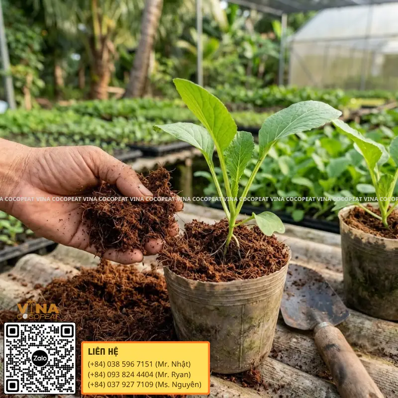 Mụn dừa trồng rau giúp tạo giá thể tơi xốp cho cây rau trong chậu