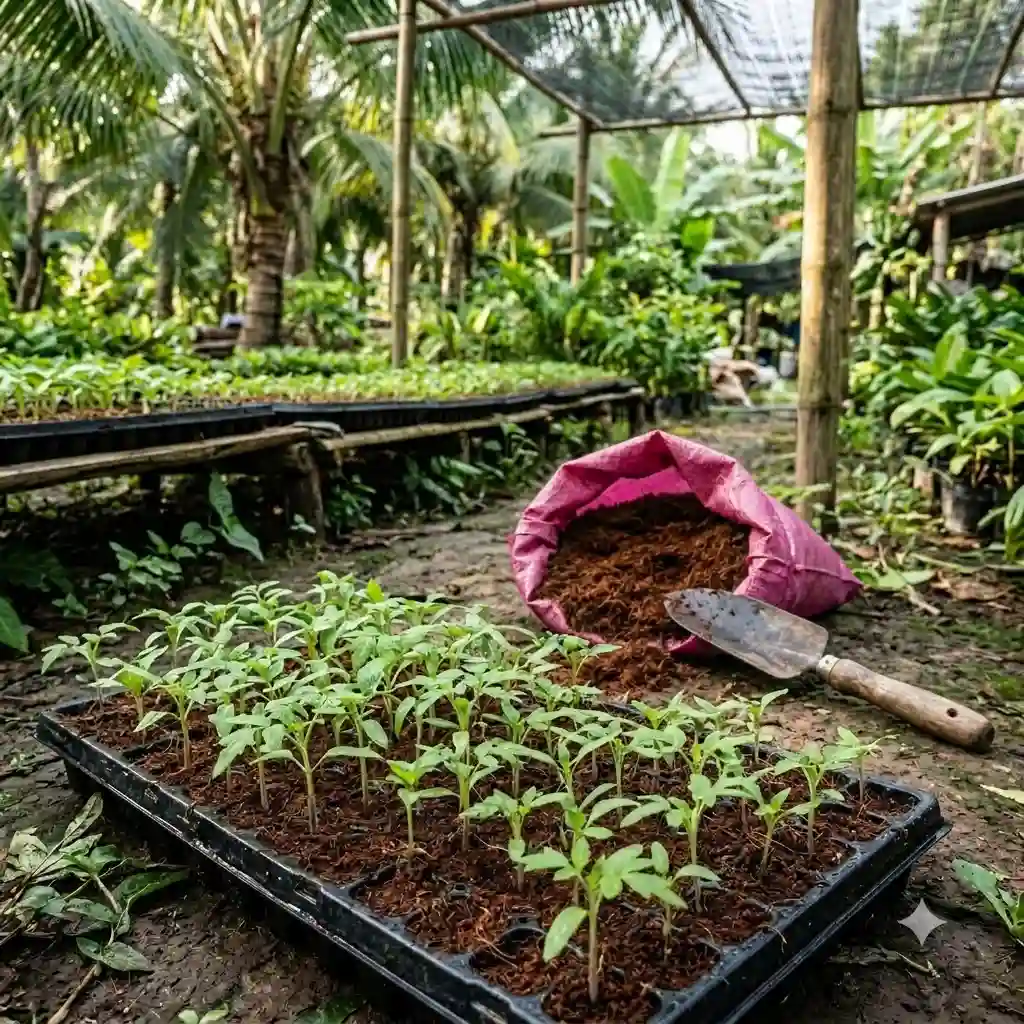 Mụn dừa trồng rau và ươm cây giống trong khay tại nhà vườn