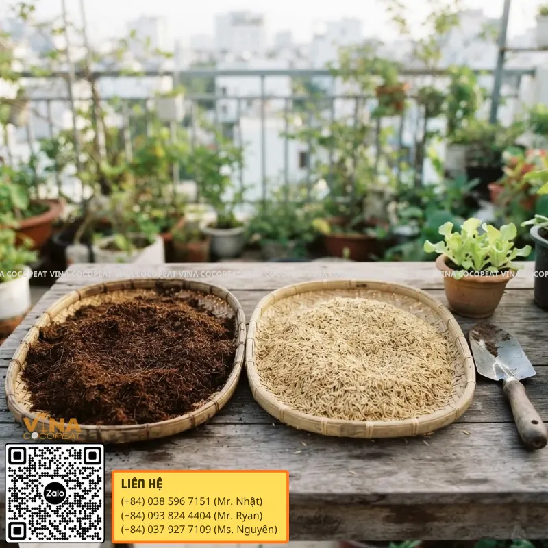 So sánh mụn dừa và vỏ trấu dùng làm giá thể trồng cây trên sân thượng