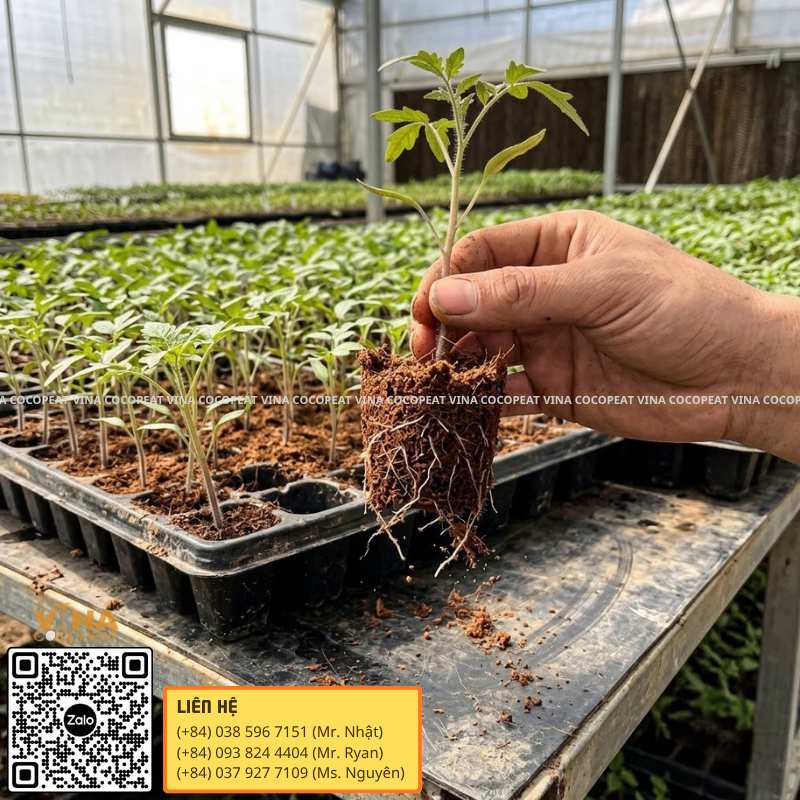 Bộ rễ cây giống phát triển trong giá thể mụn dừa tơi xốp tại nhà vườn ươm cây