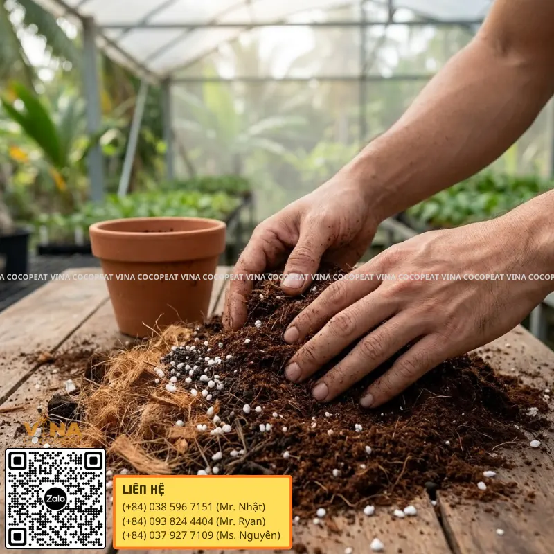 Phối trộn giá thể mụn dừa với xơ dừa và Perlite