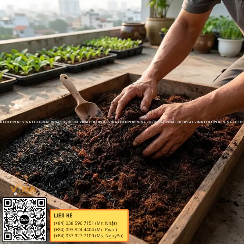 Phối trộn mụn dừa, phân hữu cơ và trấu hun làm giá thể trồng hành lá