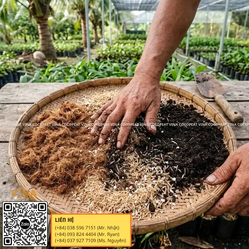 Phối trộn mụn dừa với các thành phần làm giá thể trồng cây tơi xốp
