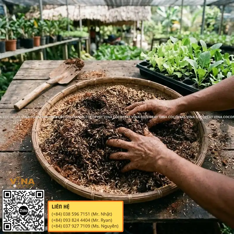 Phối trộn mụn dừa với trấu và vật liệu hữu cơ làm giá thể trồng cây