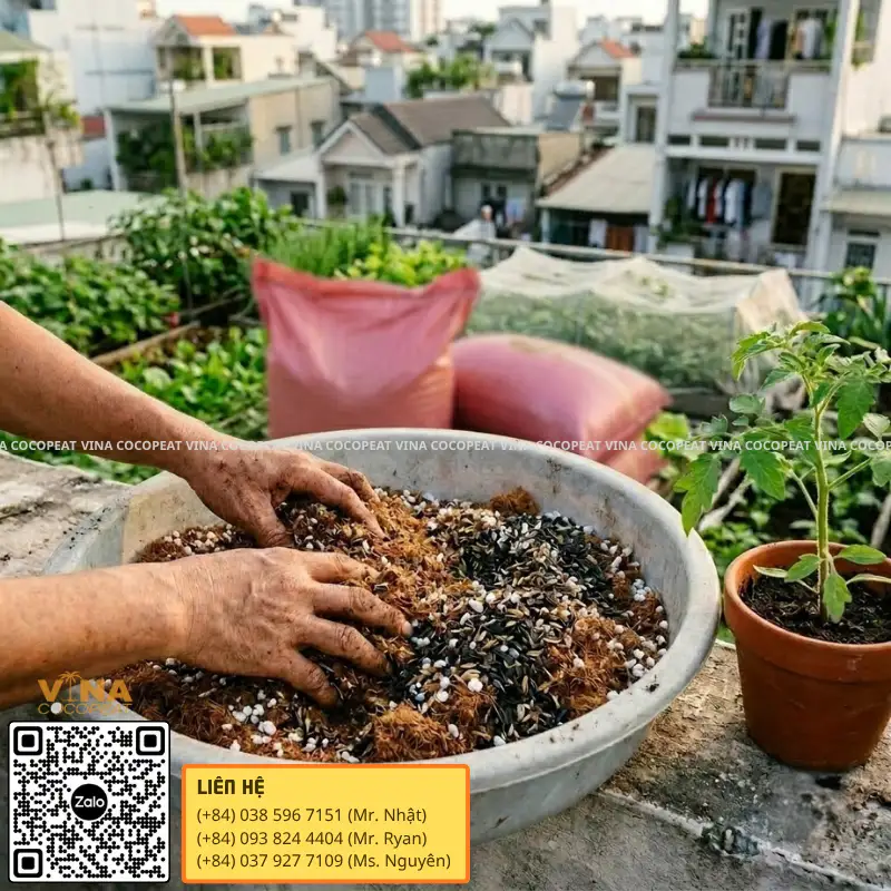 Phối trộn mụn dừa bao với trấu hun và Perlite làm giá thể trồng cây