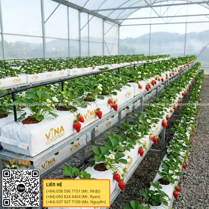 Toàn cảnh vườn dâu tây trồng bằng Grow Bag xơ dừa trong nhà kính