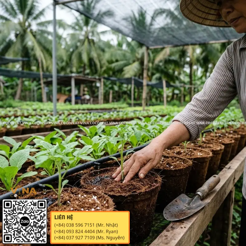 Tưới cây trên giá thể mụn dừa bằng hệ thống nhỏ giọt để kiểm soát độ ẩm