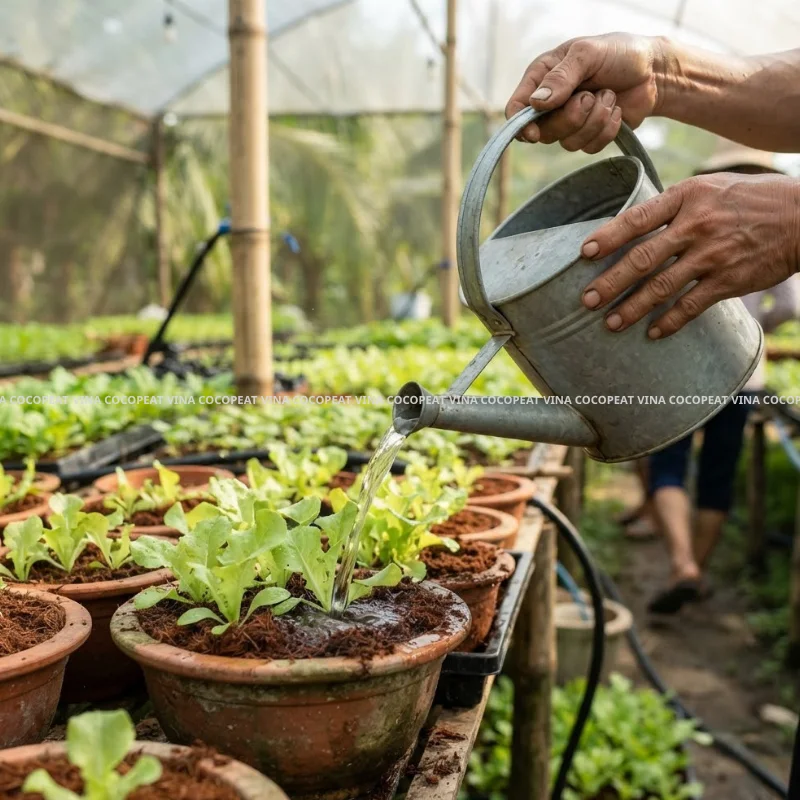 Tưới nước cho rau trồng trong giá thể mụn dừa đúng cách tránh úng rễ