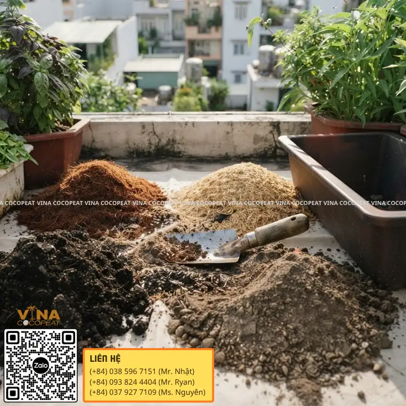 Phối trộn mụn dừa vỏ trấu đất sạch và phân hữu cơ làm giá thể