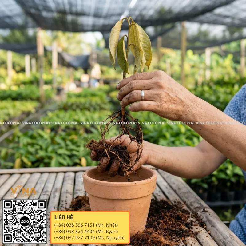 Kiểm tra bộ rễ cây bị vàng lá và úng rễ khi trồng trong mụn dừa