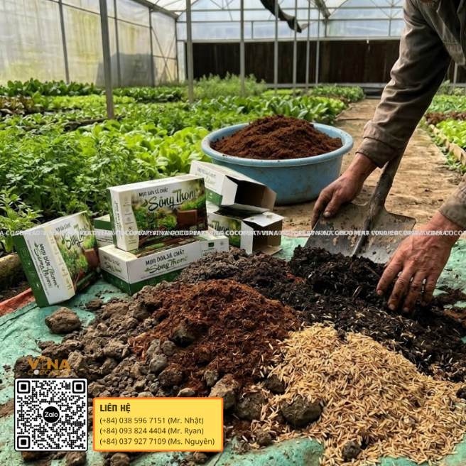 Hướng dẫn phối trộn mụn dừa xả chát Sông Thom với đất, trấu hun và giá thể để trồng rau hiệu quả