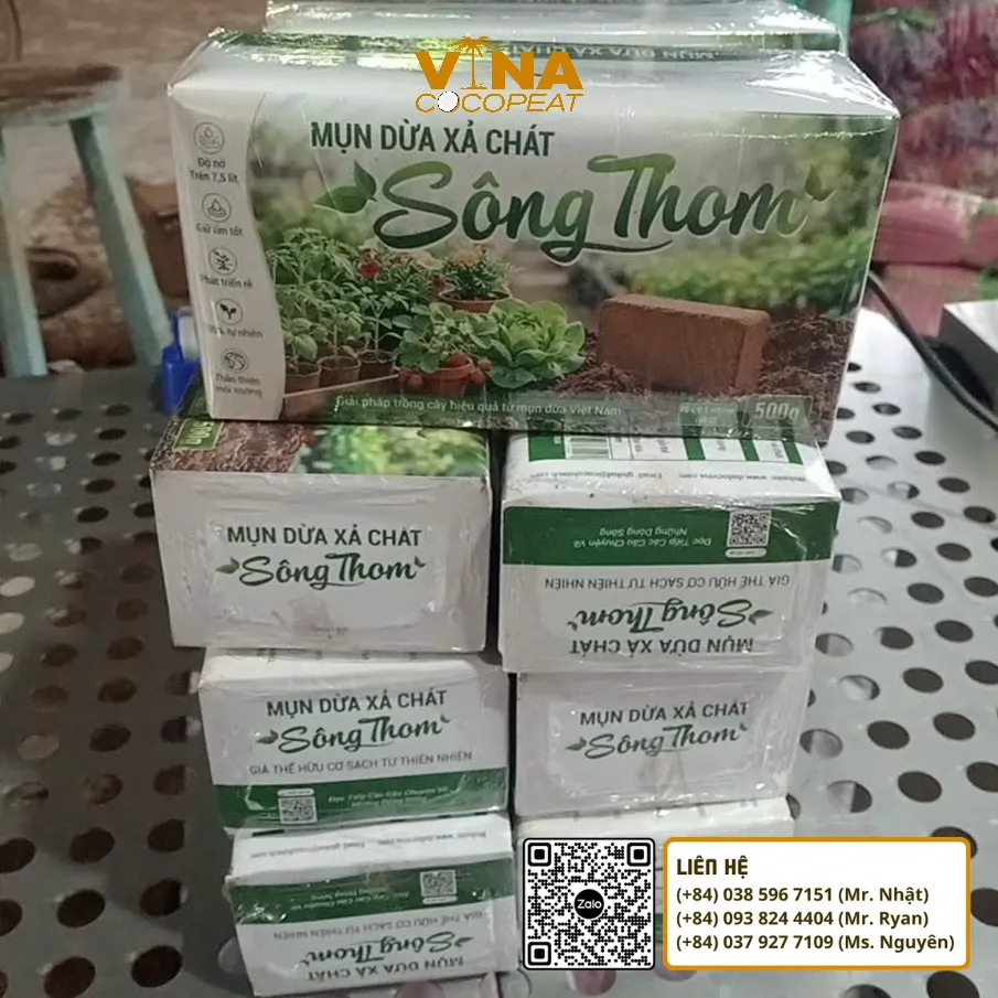 Viên nén mụn dừa xả chát Sông Thom 500g có EC dưới 0.5 mS/cm và pH 5.5–6.8