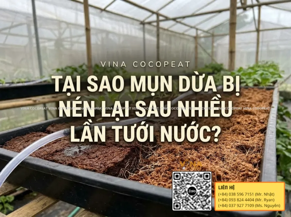 Giá thể mụn dừa bị nén sau nhiều lần tưới trong khay trồng cây tại nhà kính Việt Nam