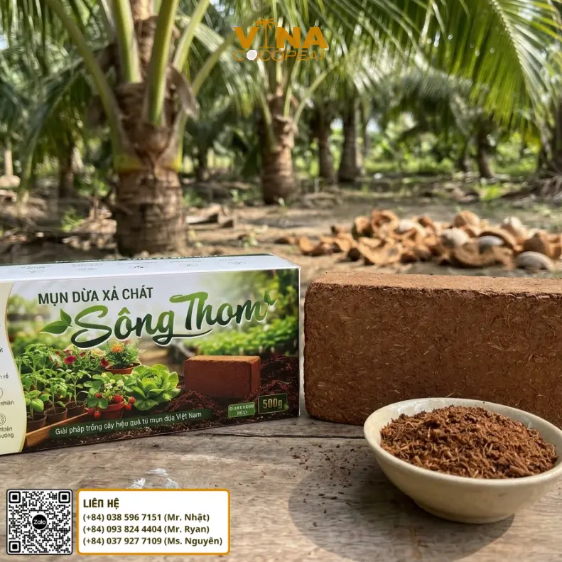 Mụn dừa Sông Thom Bến Tre sản xuất từ nguồn nguyên liệu vỏ dừa và ép thành viên nén 500g