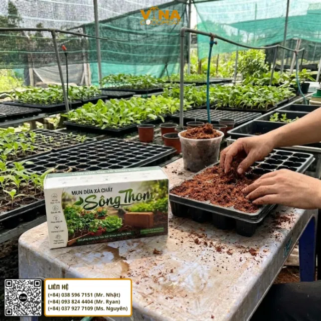 Mụn dừa Sông Thom đã làm tơi có cấu trúc nhẹ dùng làm giá thể cho cây trồng và cây ăn trái