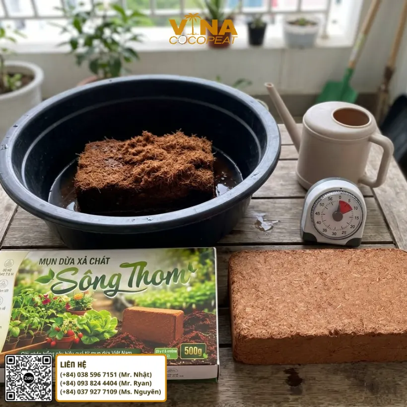 Viên nén mụn dừa 500g Sông Thom bung nở thành hơn 7,5 lít mụn dừa tơi xốp