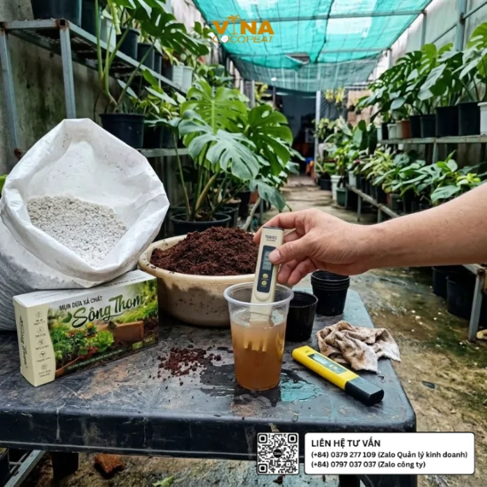 Kiểm tra chỉ số EC của mụn dừa xả chát Sông Thom 500g bằng bút đo EC tại nhà vườn kiểng lá Monstera