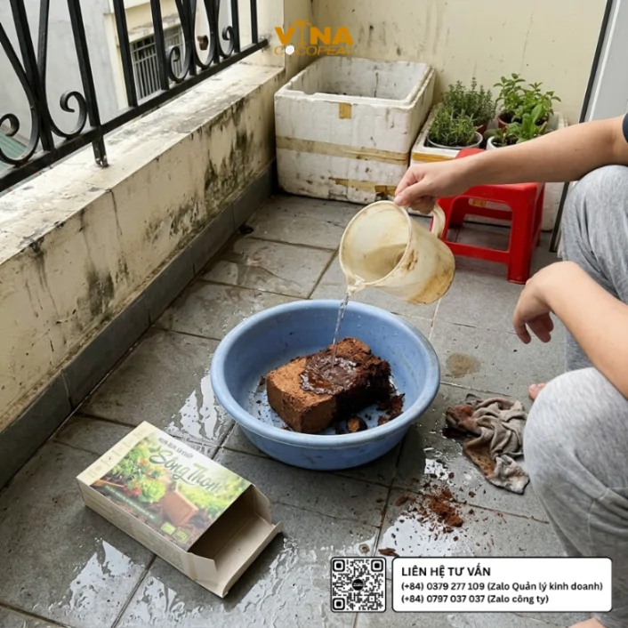 Cấp nước làm nở viên nén mụn dừa xả chát Sông Thom 500g trong thau nhựa để chuẩn bị giá thể trồng rau muống